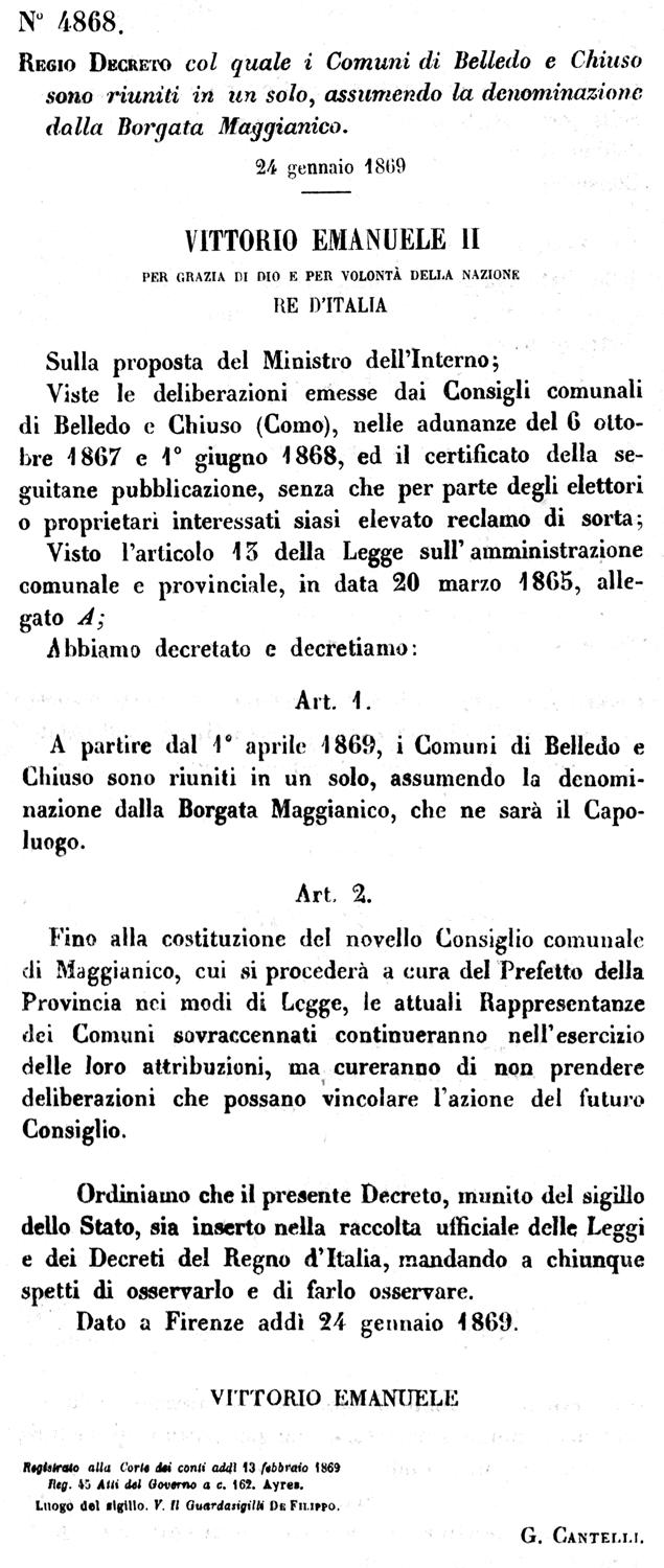 Regio decreto costituzione Comune di Maggianico - 24 gennaio 1869